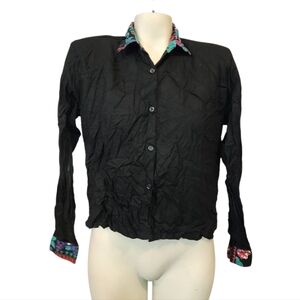 Vintage Cotton Tree Black Button-Up Top with Colorful Collar & Cuffs Size Small